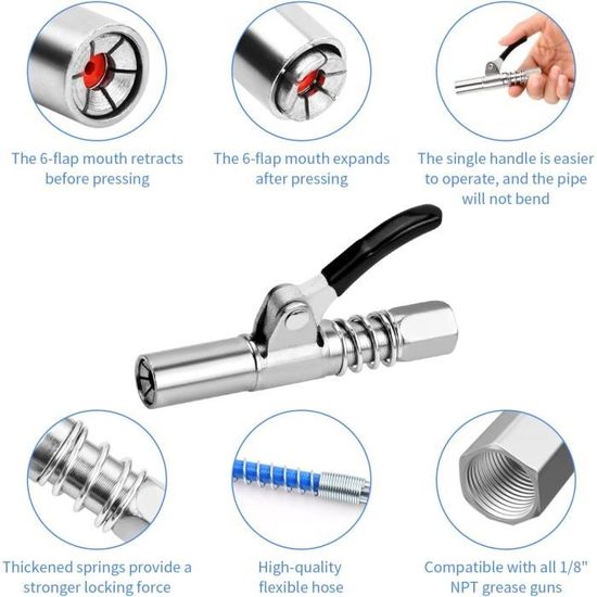 Embout Pompe à Graisse JT Avec Tuyau Acier Inox - Raccord 1/8" NPT, 10000 PSI, Pour Pistolets