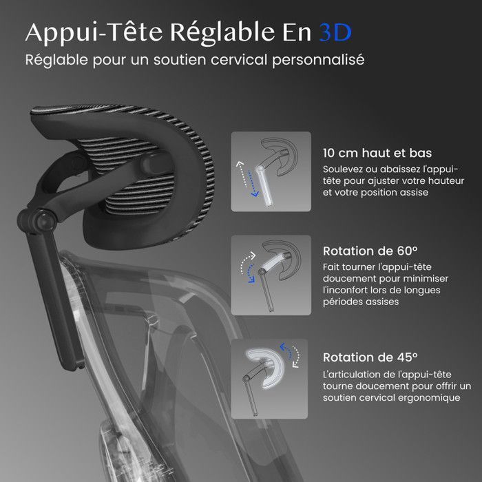 Chaise De Bureau Ergonomique FLEXISPOT - Appui-tête 3D, Dossier Inclinable 135°, Accoudoirs Relevables, Support 180 Kg - 11
