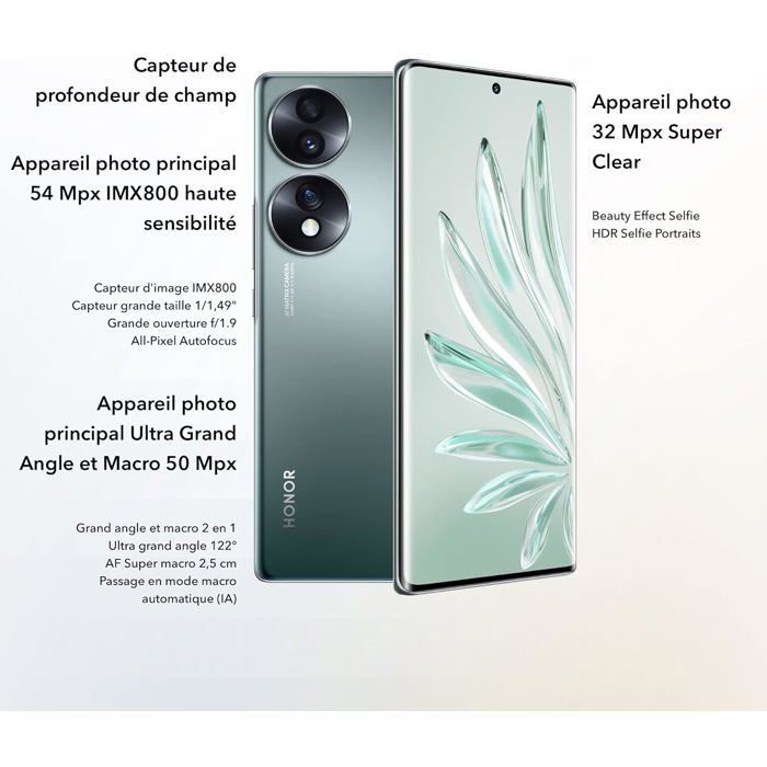 HONOR 70 - Smartphone 5G 8+256 Go, écran OLED 6.67" 120Hz, Triple Caméra 54MP, Batterie 4800mAh, Noir