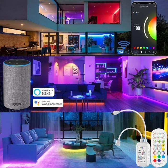 BANDE LED WiFi Ruban LED 20M RGB Musique, HOVVIDA Compatible avec Alexa  Google Assistant Bande LED RGB 12V, Contrôlé75 - Cdiscount Maison