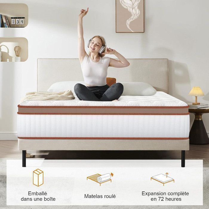 Matelas 140x200 Cm - Mousse Mémoire De Forme Et Ressorts Ensachés 8 Zones - Fermeté H3 - Confort Ergonomique Supreme - Certifié - Maison