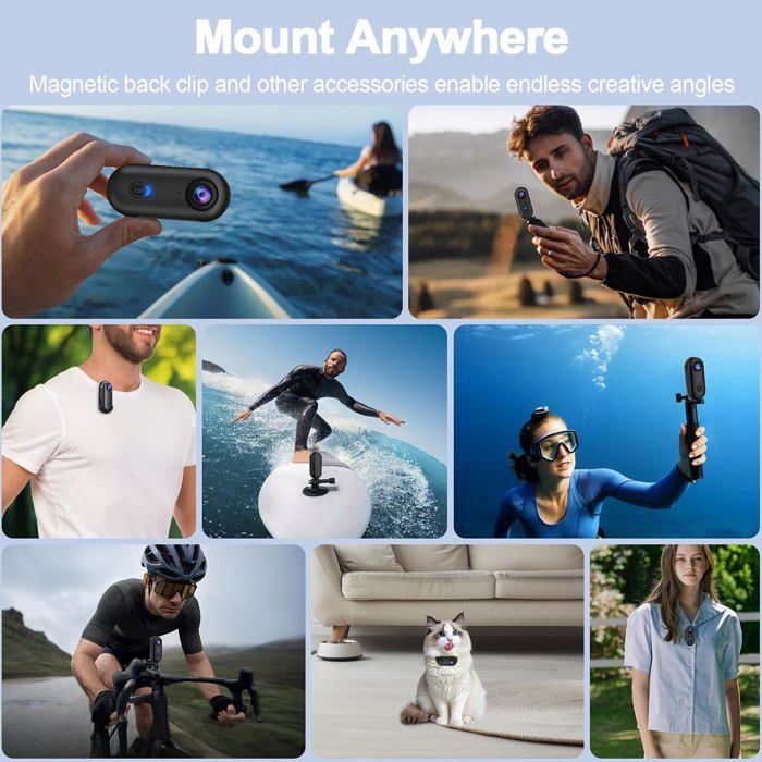 Andoer Mini Caméra Sport 1080p WiFi 120° Grand Angle - Étanche 30m, Batterie 800mAh, Aimant & Clip - Idéal Vlog Plongée Vélo