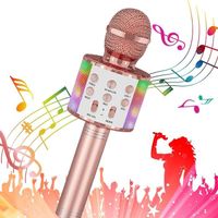 Microphone Karaoké Sans Fil - ELCKNER - Or Rose - 4-en-1 Multifonction - Effet Sound Magic - LED Colorées
