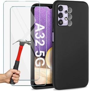 COQUE - BUMPER Coque Silicone pour Samsung Galaxy A32 5G Noir + 2 Verres Trempés + 2 Protection Caméra Arrière