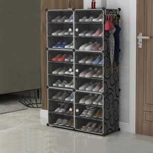 MEUBLE À CHAUSSURES Ohlala Armoire à Chaussures Meuble de Rangement en Plastique - 18 Cubes - Noir - 84 x 32 x 139 cm