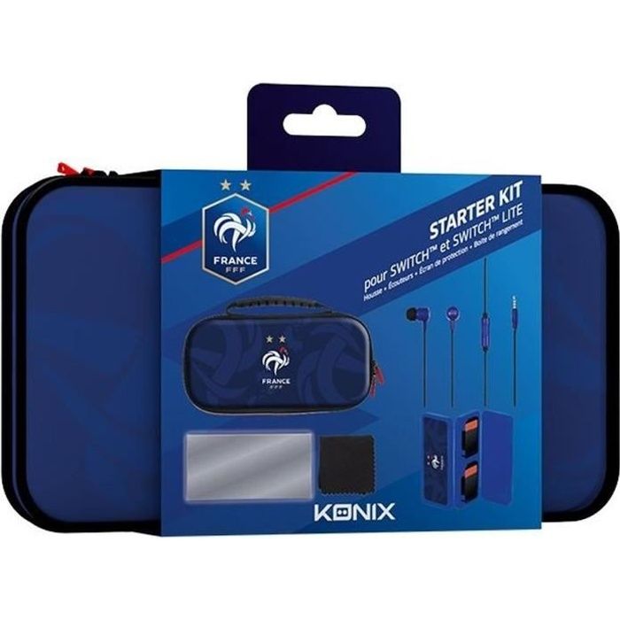 Starter Kit - KONIX - Housse + Écouteurs + Écran de protection + Boite - Bleu - Switch et Switch Lite - Sous Licence Officielle FFF