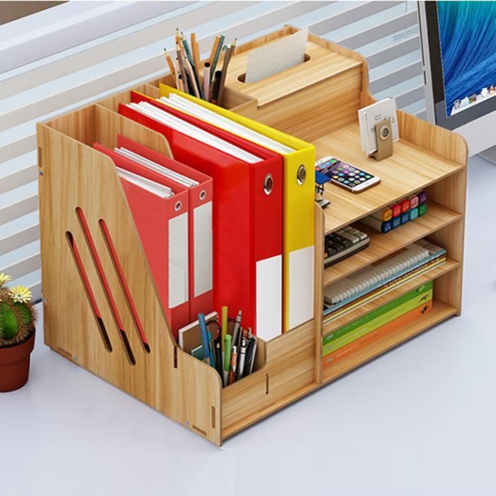 Organisateur Rangement de Bureau Multi-fonctionnels en Bois+ boîte à serviettes + Porte-stylo,Organisation du bureau