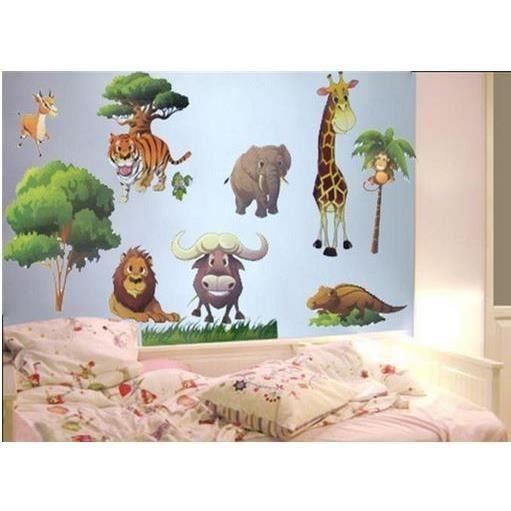 Sticker mural animaux de la jungle girafe éléphant tigre lion buffle singe crocodile gazelle arbres 60 cm x 33 cm