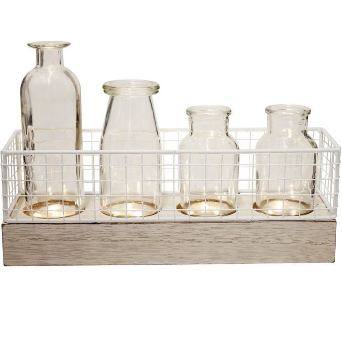 Ho Sho 39-1H-010 Set Plateau Bois avec grillage et 4 Vases assortis LED Beige blanc transparent MDF métal verre H10,5 x 8,5 x 30 cm
