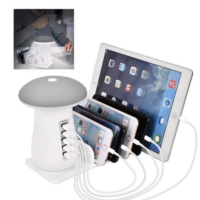 Station de Charge USB, Quick Charge 3.0 Chargeur Multiple USB avec 5 Ports USB de Recharge, Support de Charge, Champignon LED Lamp