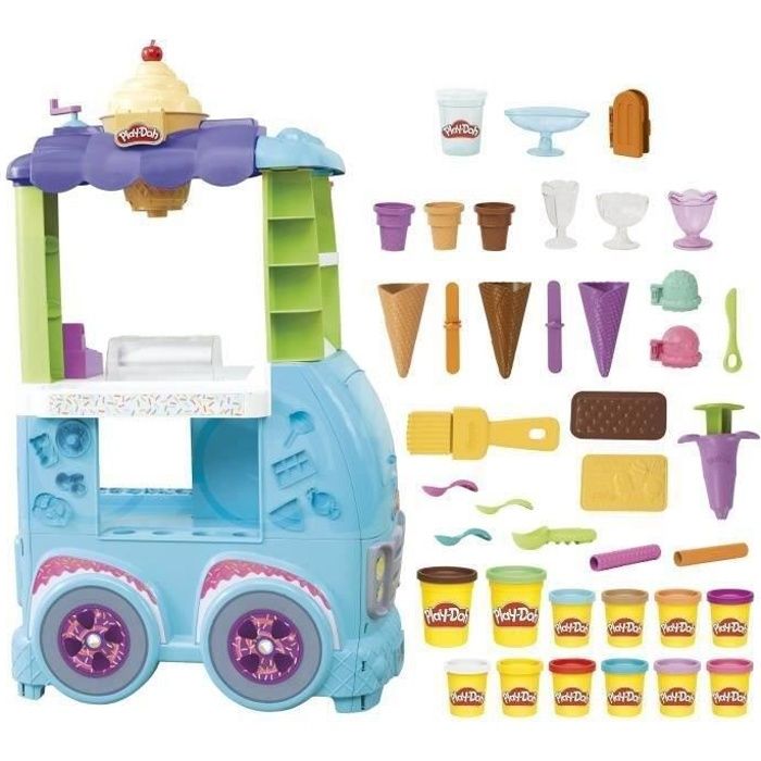 Play-Doh Camion de glace géant, inclut 27 accessoires, 12 pots de pâte à modeler, sons réalistes