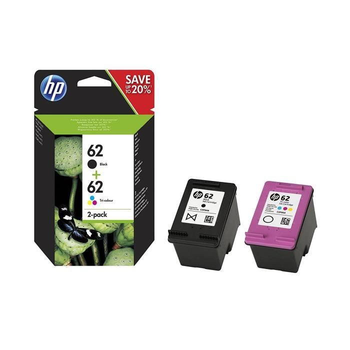 HP 62 Pack de 2 Cartouches d'Encre Noire et Trois Couleurs (Cyan, magenta, Jaune) Authentiques (N9J71AE)