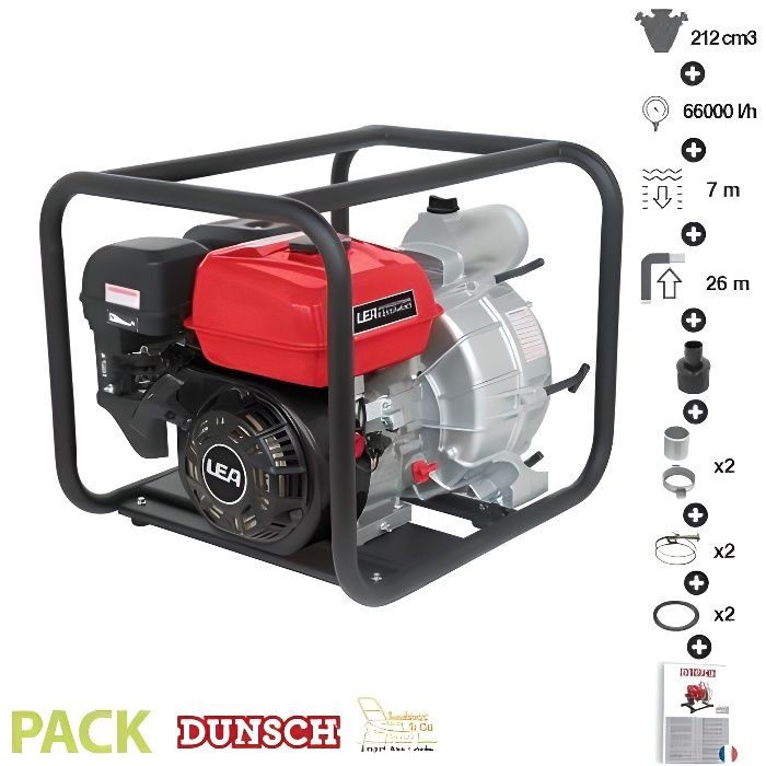 Motopompe thermique eaux chargées ou boueuses 5,6Cv 212cm3 débit 66000 l/h LEA LE71212-80D