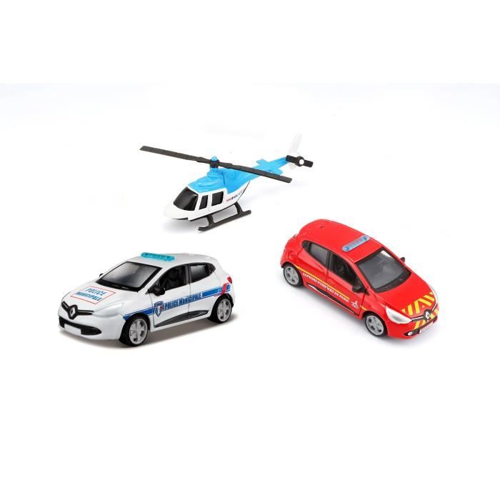 1/64 BBURAGO - Pack de 3 véhicules - Hélicoptère + Voiture Pompier + Voiture Police