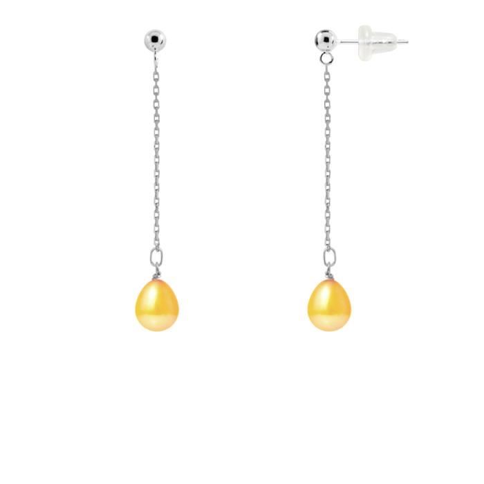 PERLINEA - Boucles d'Oreilles - Véritables Perles de Culture d'Eau Douce Poires 7-8 mm Gold - Or Blanc - Bijoux Femme