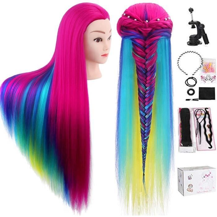 80cm Têtes d'exercice Tête À Coiffer Coiffure Cosmétologie Pratique Mannequin Poupée 100% de Cheveux Synthétiques + Titulaire & Hair