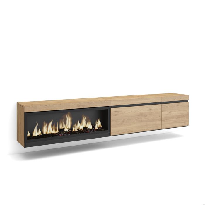 Meuble TV Banc Télé 237x35x45 cm TV grand format Cheminée électrique XXL Suspendu Mural Chêne RF3591