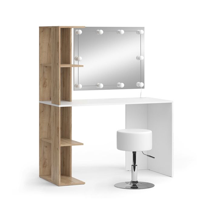 Coiffeuse Tower 122.2cm avec miroir guirlande LED et tabouret Blanc/Sonoma Vicco 49447 Coiffeuse Tower 122.2cm avec miroir guirlande LED et tabouret Blanc/Sonoma Vicco 49447