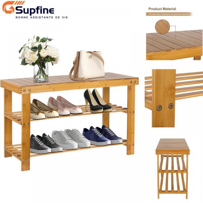 SUPFINE Banc de Changement de Chaussures - Tabouret Changeur de Chaussures en Bambou 70*27*42cm MEUBLE A CHAUSSURES