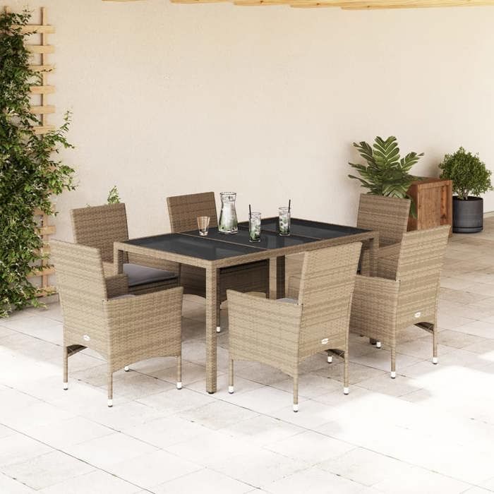 vidaXL Ensemble à manger de jardin et coussins 7 pcs beige rotin verre ensemble de salle à manger dextérieur meuble de 3278564