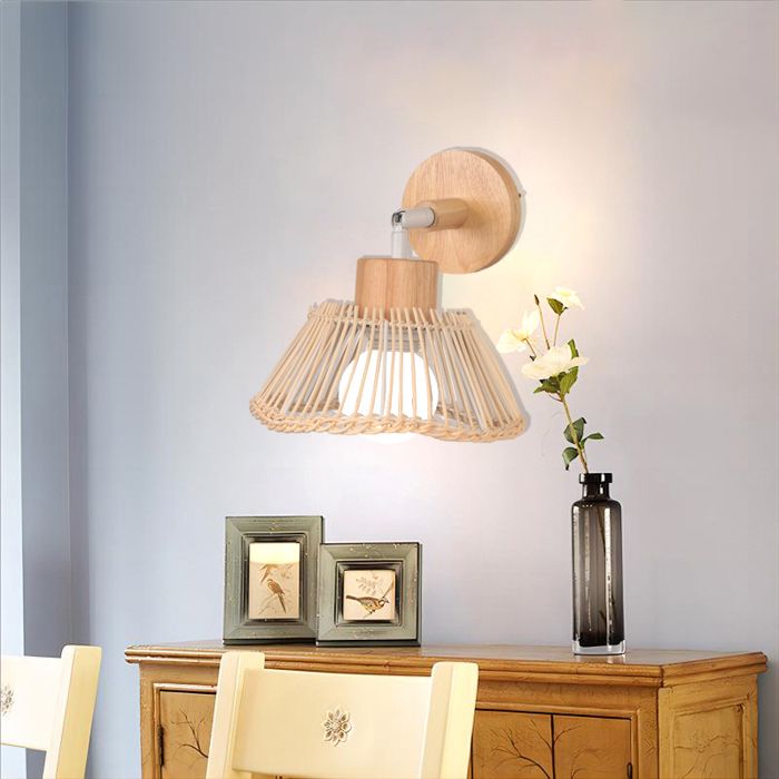 DLGLOLIN Applique Mural Intérieur Tressée en Bambou E27 Lampe Mural Abat-jour Forme de Chapeau Vintage Base en Bois pour Chambre