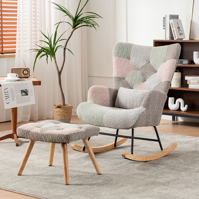 Fauteuil à bascule 68x83x91cm dassise Repose-pieds inclus Coussin lombaire inclus Structure en bois Multicolore
