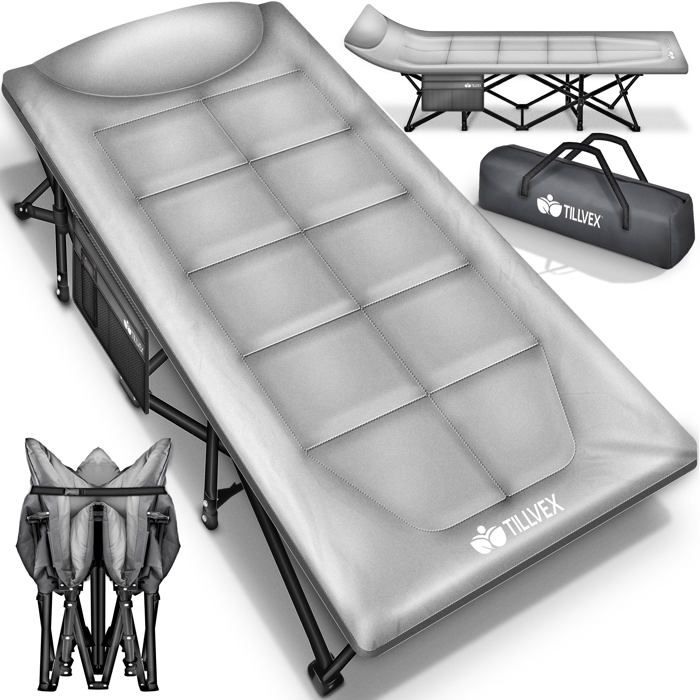Lit De Camping Pliable HarBin-Star – 190x65cm, Capacité 150kg, En Alu Et Oxford, Avec Sac De Transport !