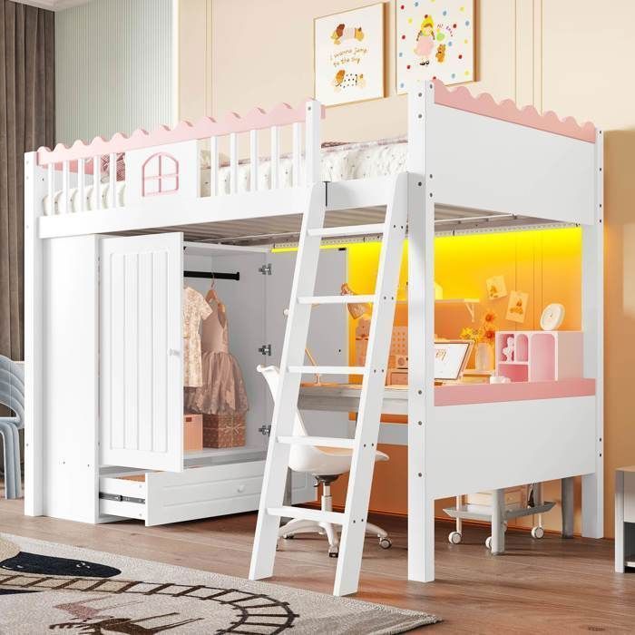 Lit mezzanine enfant - LEMONBEST - 90x200 cm - Blanc - Pin+MDF - LED intégré armoire & tiroir