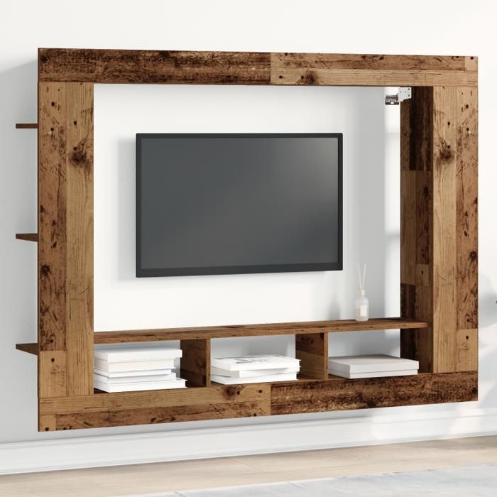 Meuble TV Mural - Bois Vieilli - 152x22x113 cm - Vintage - 3 Étagères