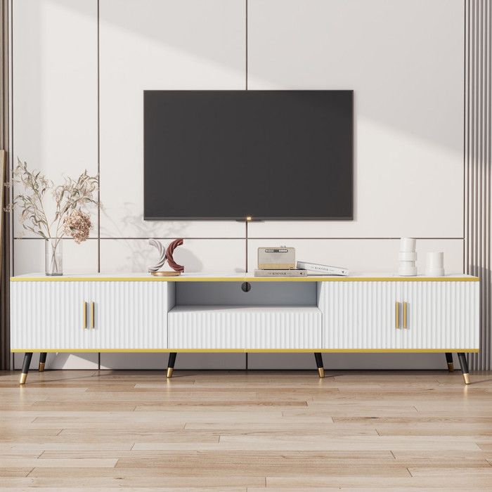 Meuble TV 200 cm Extra Large - Plateau Effet Marbre Gestion Câbles Intégrée & Pieds Dorés - Pour TV 90 - Blanc Moderne