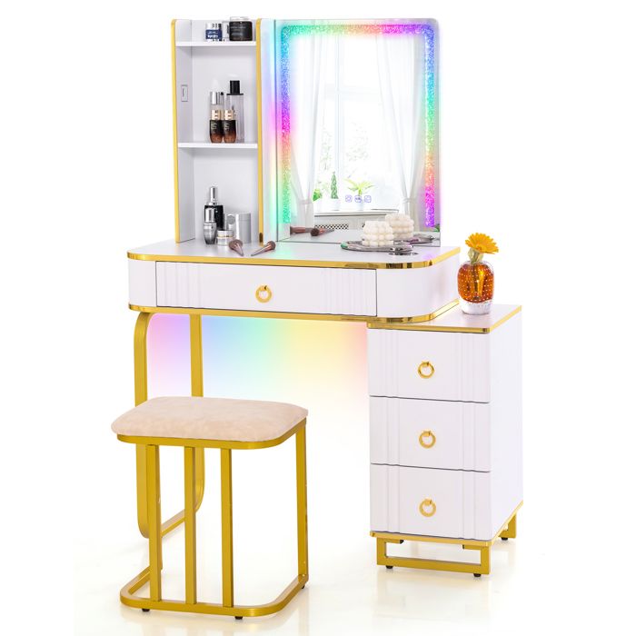 GIANTEX Coiffeuse avec Miroir et Lumières LED Station de Charge 3 Étagères Ouvertes 4 Tiroirs 80x40x137cm Blanc GIANTEX Coiffeuse avec Miroir et Lumières LED Station de Charge 3 Étagères Ouvertes 4 Tiroirs 80x40x137cm Blanc