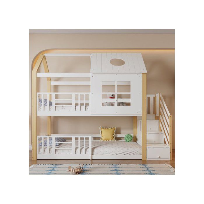 Lit superposé pour enfant - MERAX - Lit superposé avec toit de cabane - Escaliers de rangement - Barrière de sécurité - 90x200 cm Lit superposé pour enfant - MERAX - Lit superposé avec toit de cabane - Escaliers de rangement - Barrière de sécurité - 90x200 cm