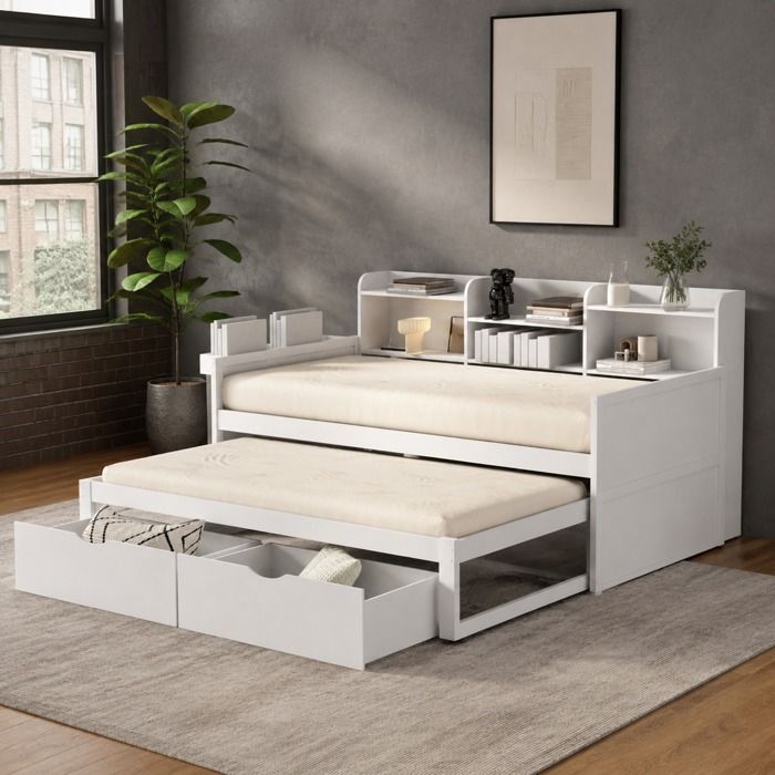 Lit avec rangement 90x200 cm en bois blanc avec lit gigogne 90x190 cm et 2 tiroirs – Design fonctionnel