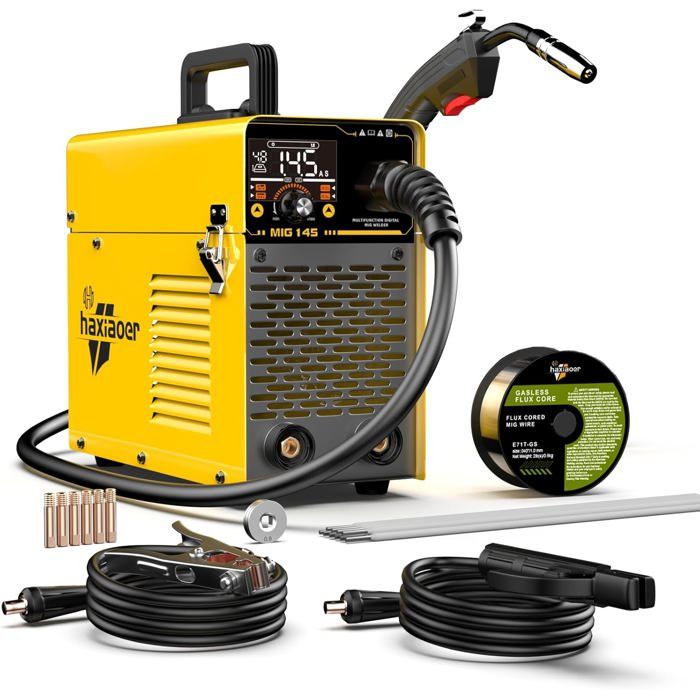 Poste à Souder 145A HAXIAOER 3 en 1 MIG Fil Fourré Inverter Jaune