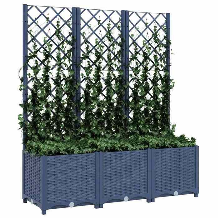 Printemps 2026 SoldesGris Lit de jardin mobile/ BAC A FLEUR Jardinière avec treillis bleu gris 120x40x136 cm PP 2_969301