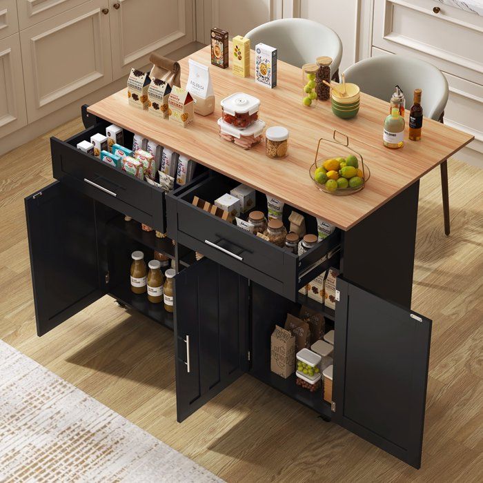 Îlot de cuisine avec plan de travail rabattable 129 x 46 (71) x 915 cm desserte de cuisine avec 2 tiroirs et 3 portes - Noir