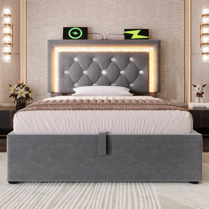 Lit coffre 90x200 cm lit adulte en velours - LED diamantée - ports USB et Type-C - lit hydraulique avec rangement - Gris