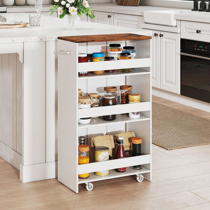 GIANTEX Desserte de Cuisine Étroit à Roulettes avec Freins-475x25x805cm-Chariot de Service à 4 Niveaux avec Poignée-Blanc + Marron