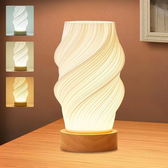 Lampe de chevet minimaliste - ESTAMPILLE - Base en bois - 3 couleurs de lumière - 9 niveaux de luminosité - Lumière LED
