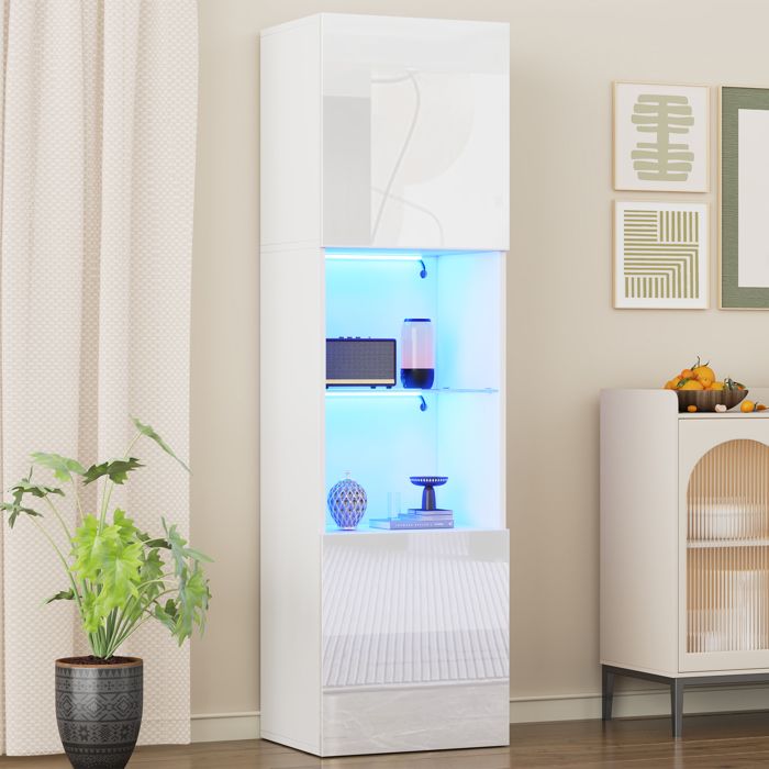 Vitrine Blanche Haute Brillance 160 cm avec LED et Étagère en Verre Trempé Colonne de Rangement Moderne