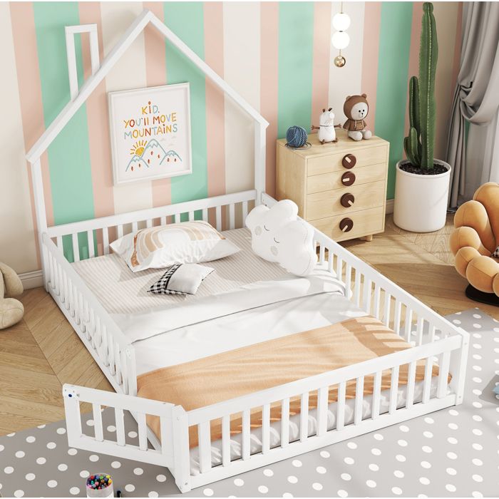 Lit enfant blanc 140×190 cm sommier inclus barrière de sécurité structure pin+MDF montage nécessaire