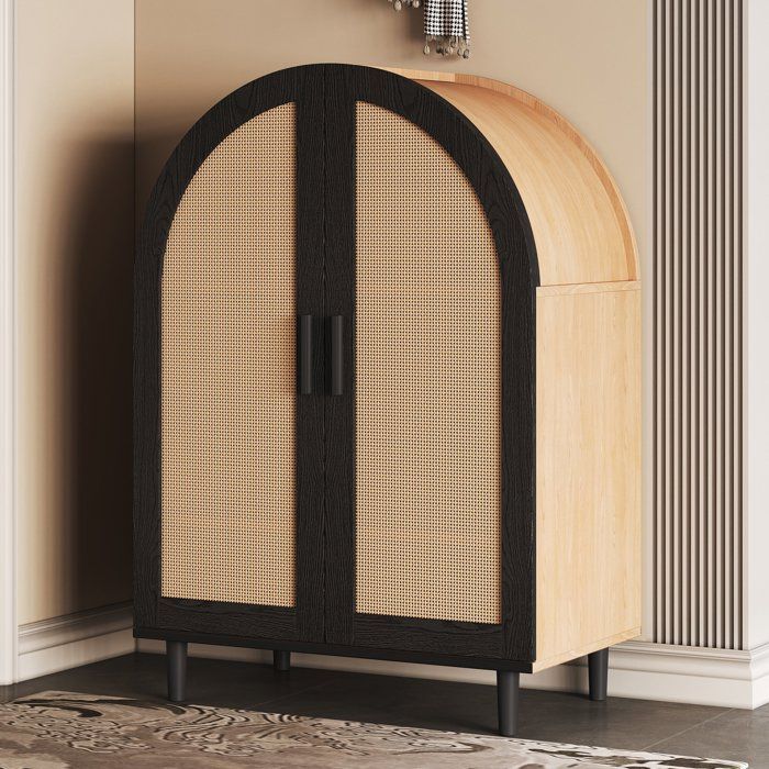Meuble à chaussures en rotin - Meuble de Rangement rond externe - trois étagères 70 x100 x 40 cm - Naturel + Noir