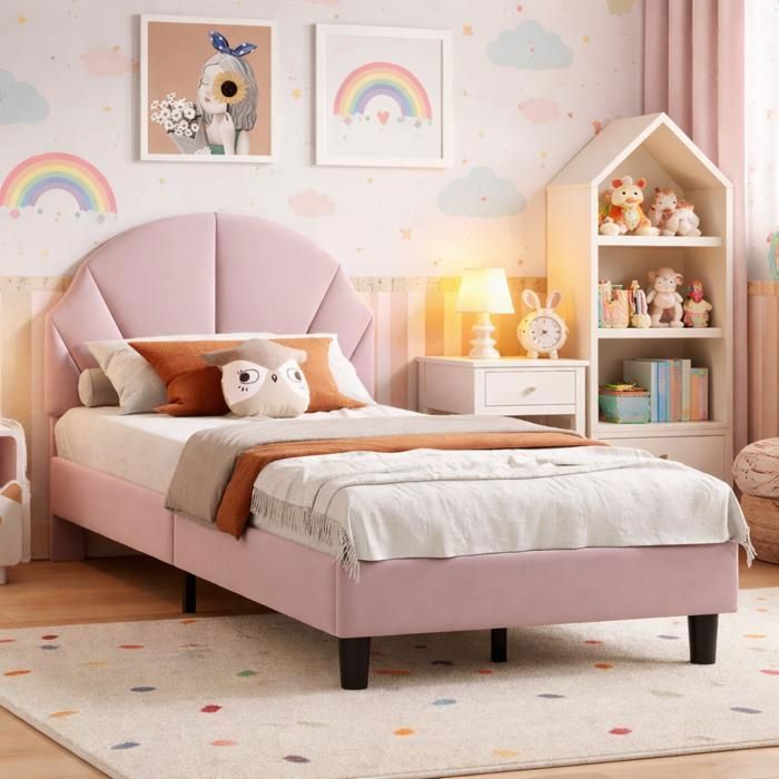 Lit Simple Rembourré Rose 90x200 Lit pour Enfant Adolescent avec Tête de Lit Réglable en Hauteur en Velours