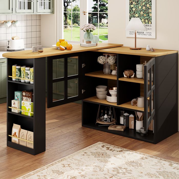 Buffet Cuisine Pivotant Meuble avec Étagères et Élément en Verre Rangement avec Capacité 60 kg Noir 138-204x35x1025 cm
