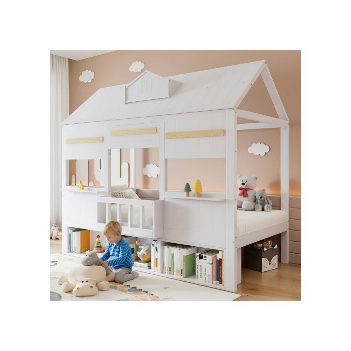 Lit cabane enfant 90x200 cm avec étagère bibliothèque sommier à lattes en bois massif blanc sans matelas