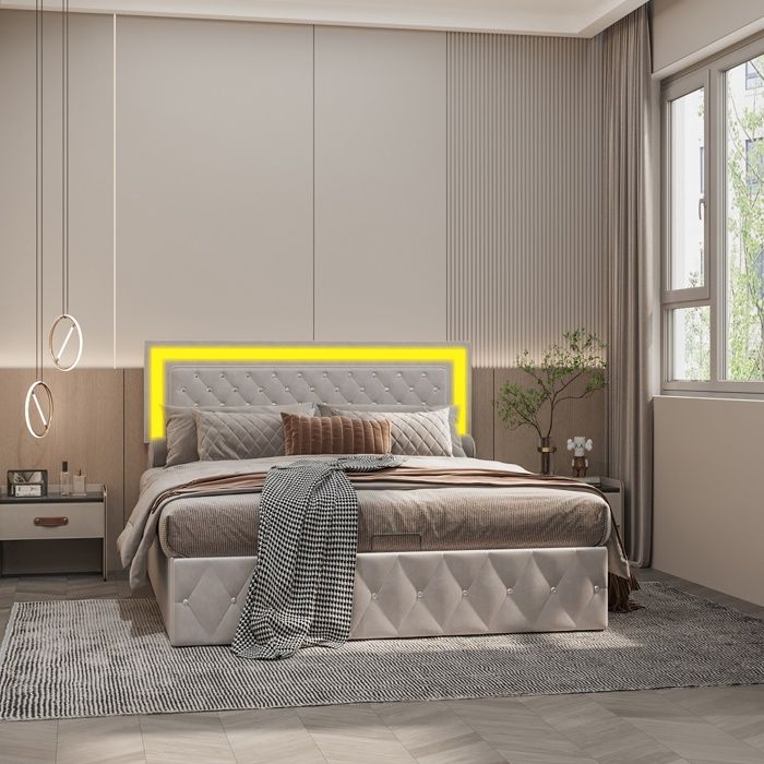 Lit coffre rembourré velours lit double adulte - 160x200 cm - LED sommier à lattes rangement tête de lit design - Beige Lit coffre rembourré velours lit double adulte - 160x200 cm - LED sommier à lattes rangement tête de lit design - Beige