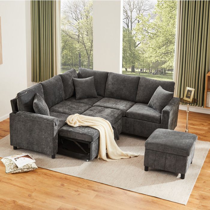 Canapé d’angle convertible en lit - TCQPZ - pouf de rangement lampe de lecture chenille gris 205 × 205 × 85 cm