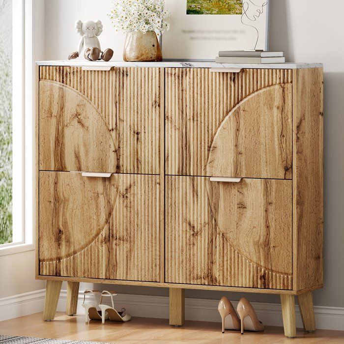 Armoire à Chaussures en Bois 105x24x95.5cm Meuble à Chaussures avec 4 portes Comptoir Effet Marbre Armoire de rangement pour Entrée