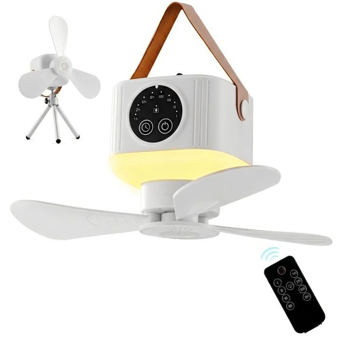 Ventilateur de camping portable avec lumières ventilateur de plafond suspendu à LED avec télécommande et minuterie - Blanc