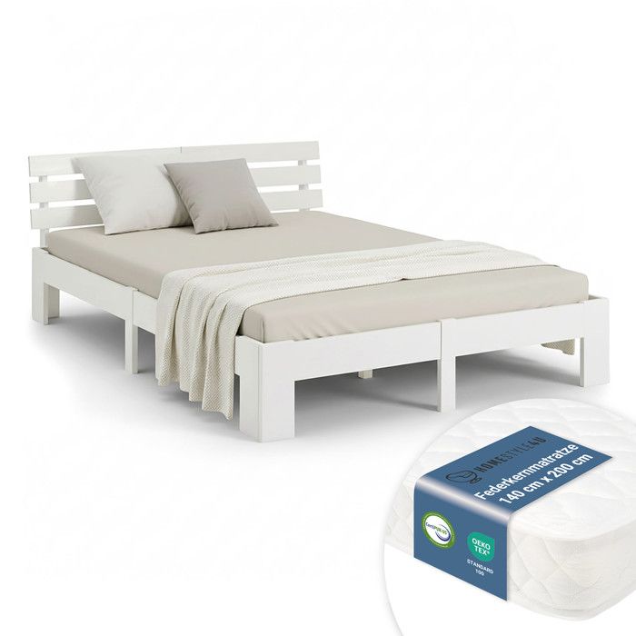 Lit double - HOMESTYLE4U - 140x200 - Pin massif - Blanc - Matelas à ressorts